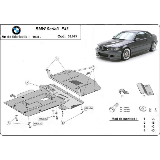 Метална кора под двигател BMW 3 Ser (E46) от 1998 до 2001